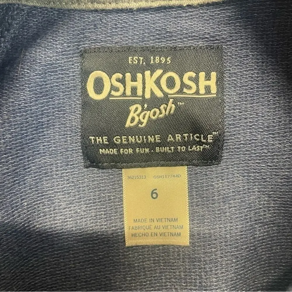 OshKosh B’Gosh Hoodie Boys Zip Up Sweatshirt Blue Logo Kids Size 6